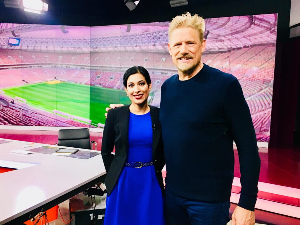Nadira Tudor co presenting with Peter Schmeichel at Great British Presenters