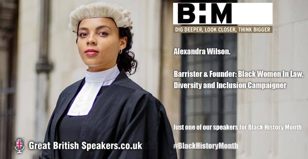 Alexandra Wilson hire Black History month diversity equality inclusion lawyer barrister speaker at agent Great British Speakers LI