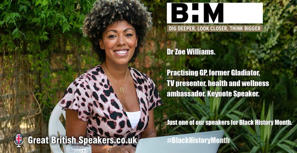 Dr Zoe Williams hire female Black History month Health Wellness diversity equality inclusion TV presenter speaker at agent Great British Speakers LI