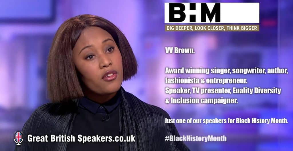 VV Brown hire singer Black History month entrepreneur diversity equality inclusion speaker at agent Great British Speakers LI
